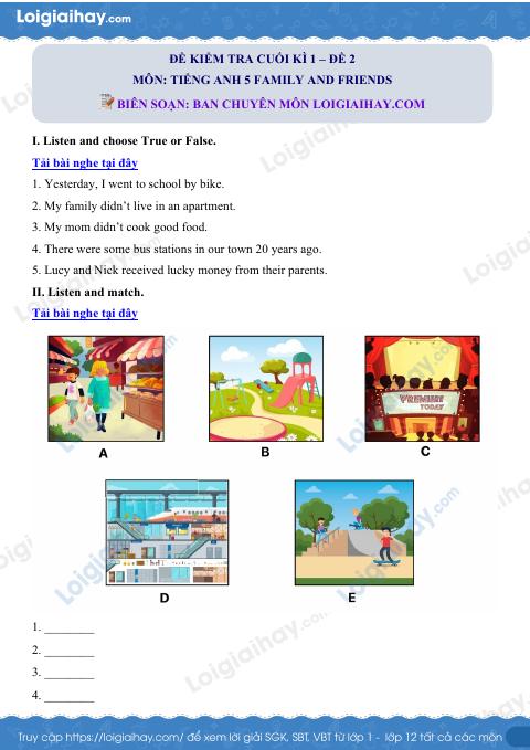 Đề thi học kì 1 Tiếng Anh 5 Family and Friends - Đề số 2